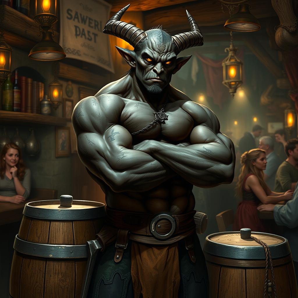 A very muscular male Tiefling with dark skin, standing confidently with his arms crossed next to a smaller rustic barrel in a lively bar setting