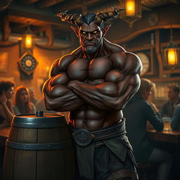 A very muscular male Tiefling with dark skin, standing with his arms crossed next to a smaller rustic barrel in a lively bar setting