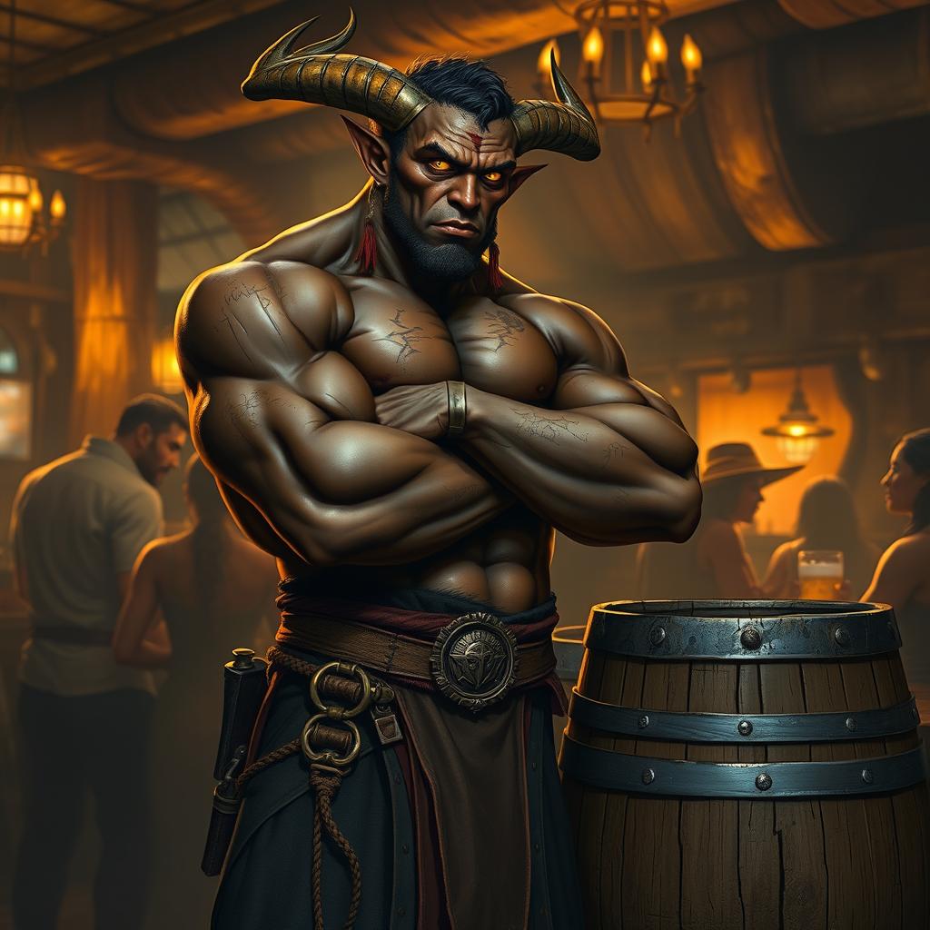 A very muscular male Tiefling with dark skin, standing with his arms crossed next to a smaller rustic barrel in a lively bar setting