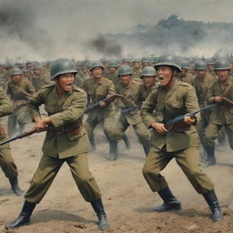 A historical depiction of the Indonesian army bravely resisting against the Japanese army during WWII. Both sides are in period-appropriate uniforms, with subdued yet tense expressions as the standoff unfolds.