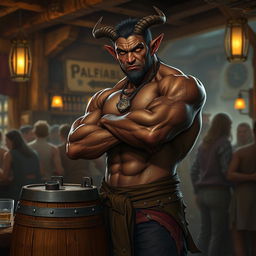 A very muscular male Tiefling with dark skin, standing with his arms crossed next to a smaller rustic barrel in a lively bar setting