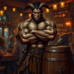 A very muscular male Tiefling with dark skin, standing with his arms crossed next to a smaller rustic barrel in a lively bar setting