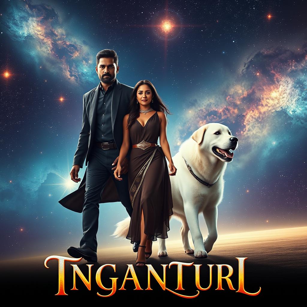 A cinematic fantasy movie poster featuring a 27-year-old Indian Black man with magical powers, wearing an elegant black shrug, confidently walking in the vast expanse of space