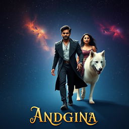 A cinematic fantasy movie poster featuring a 27-year-old Indian Black man with magical powers, wearing an elegant black shrug, confidently walking in the vast expanse of space