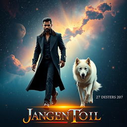 A cinematic fantasy movie poster featuring a 27-year-old Indian Black man with magical powers, wearing an elegant black shrug, confidently walking in the vast expanse of space