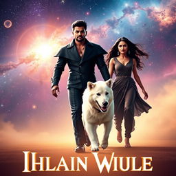 A cinematic fantasy movie poster featuring a 27-year-old Indian Black man with magical powers, wearing an elegant black shrug, confidently walking in the vast expanse of space