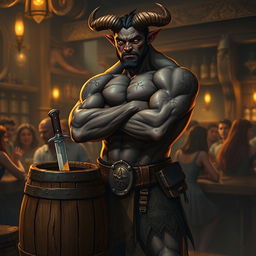 A very muscular male Tiefling with dark skin, confidently standing with his arms crossed next to a smaller rustic barrel that has a knife stuck in it