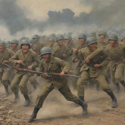 A historical depiction of the Indonesian army bravely resisting against the Japanese army during WWII. Both sides are in period-appropriate uniforms, with subdued yet tense expressions as the standoff unfolds.