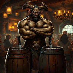 A very muscular male Tiefling with dark skin, confidently standing with his arms crossed next to a smaller rustic barrel that has a knife stuck in it