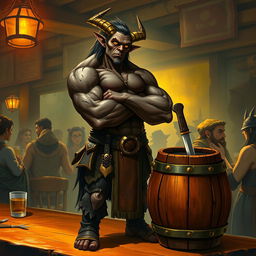 A very muscular male Tiefling with dark skin, confidently standing with his arms crossed next to a smaller rustic barrel that has a knife stuck in it