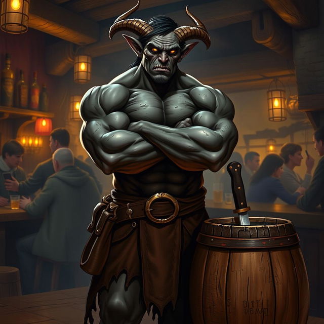 A very muscular male Tiefling with dark skin, confidently standing with his arms crossed next to a smaller rustic barrel that has a knife stuck in it