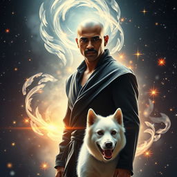 A cinematic fantasy movie poster featuring a 27-year-old Indian man with a bald head, wearing a sleek black shrug