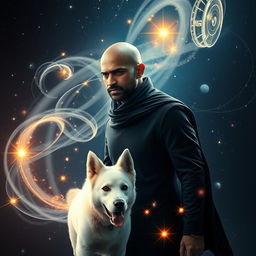 A cinematic fantasy movie poster featuring a 27-year-old Indian man with a bald head, wearing a sleek black shrug