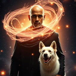 A cinematic fantasy movie poster featuring a 27-year-old Indian man with a bald head, wearing a sleek black shrug