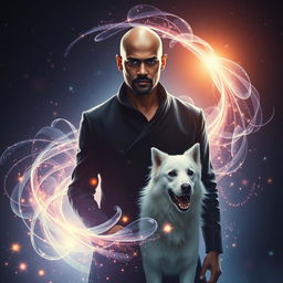 A cinematic fantasy movie poster featuring a 27-year-old Indian man with a bald head, wearing a sleek black shrug