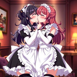 Two attractive anime maids, featuring voluptuous figures with exaggerated proportions, are passionately kissing each other