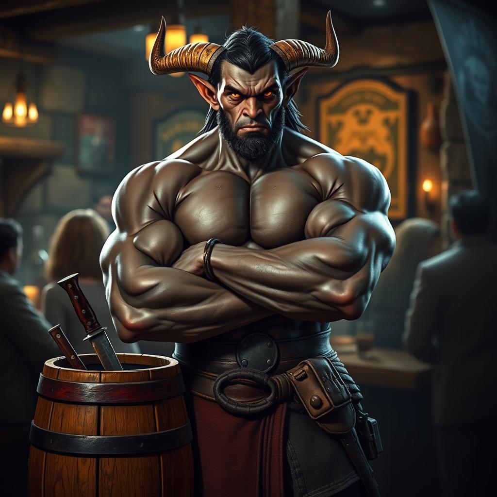 A very muscular male Tiefling with dark skin, confidently standing with his arms crossed next to a smaller rustic barrel that has a knife stuck in it