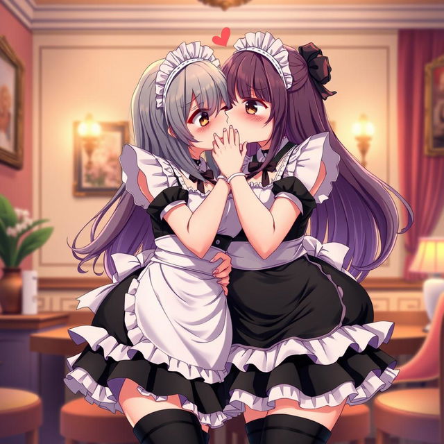 Two attractive anime maids, featuring voluptuous figures with exaggerated proportions, are passionately kissing each other