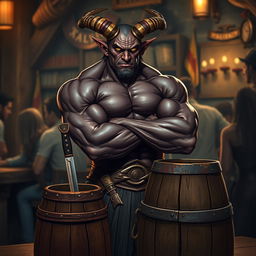 A very muscular male Tiefling with dark skin, confidently standing with his arms crossed next to a smaller rustic barrel that has a knife stuck in it