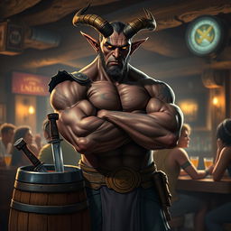 A very muscular male Tiefling with dark skin, confidently standing with his arms crossed next to a smaller rustic barrel that has a knife stuck in it