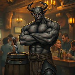 A very muscular male Tiefling with dark skin, confidently standing with his arms crossed next to a smaller rustic barrel that has a knife stuck in it