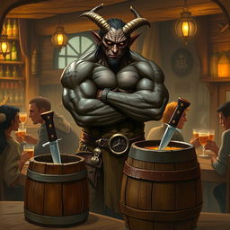 A very muscular male Tiefling with dark skin, standing confidently with his arms crossed next to a smaller rustic barrel that has a knife stuck in it