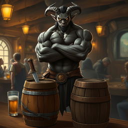 A very muscular male Tiefling with dark skin, standing confidently with his arms crossed next to a smaller rustic barrel that has a knife stuck in it