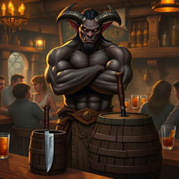 A very muscular male Tiefling with dark skin, standing confidently with his arms crossed next to a smaller rustic barrel that has a knife stuck in it