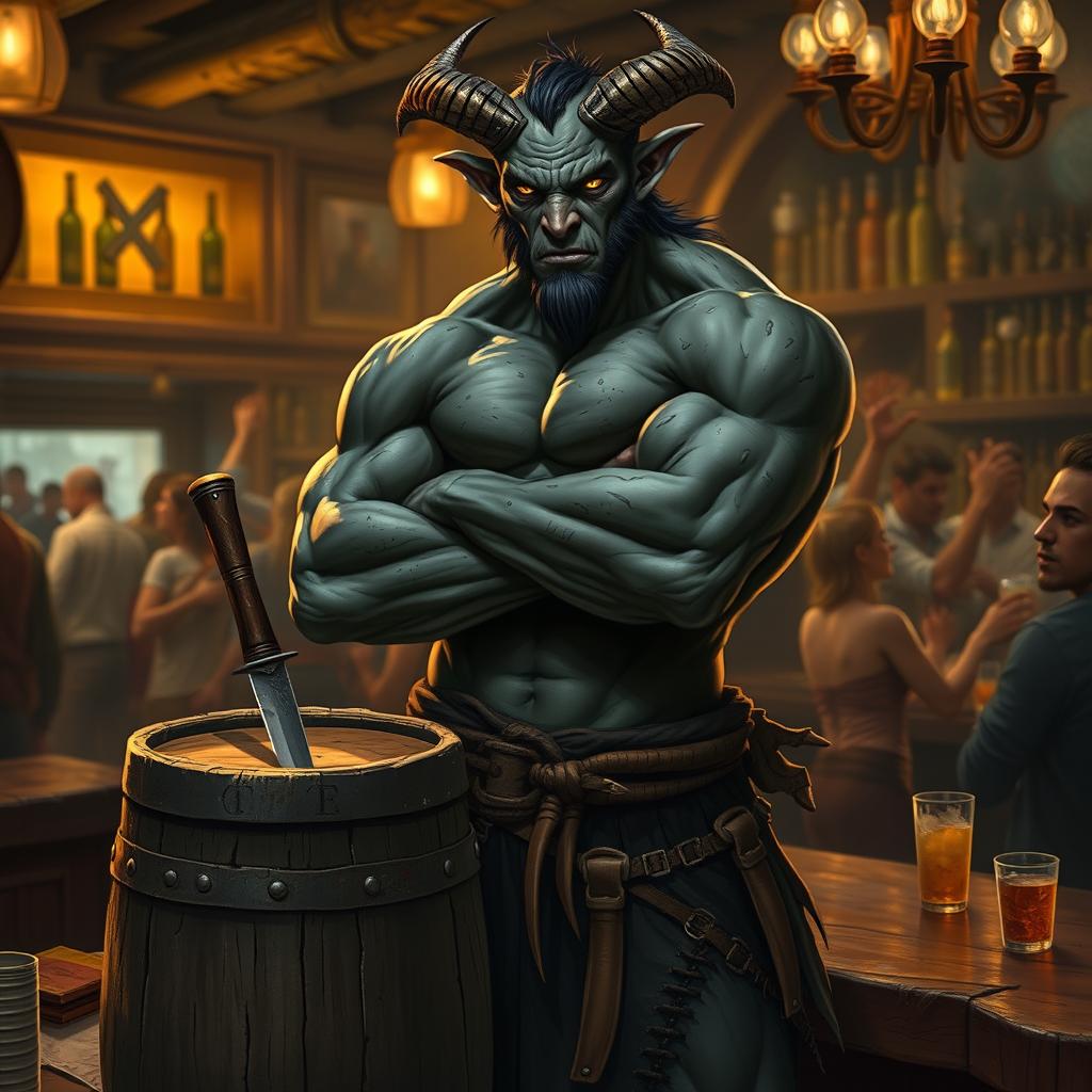 A very muscular male Tiefling with dark skin, standing confidently with his arms crossed next to a smaller rustic barrel that has a knife stuck in it