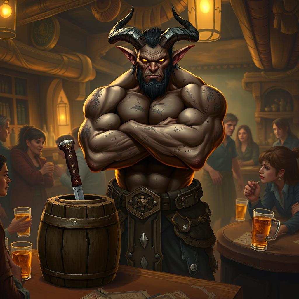 A very muscular male Tiefling with dark skin, standing confidently with his arms crossed next to a smaller, rustic barrel that has a knife stuck in it