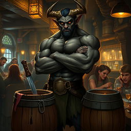 A very muscular male Tiefling with dark skin, standing confidently with his arms crossed next to a smaller, rustic barrel that has a knife stuck in it