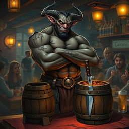 A very muscular male Tiefling with dark skin, standing confidently with his arms crossed next to a smaller, rustic barrel that has a knife stuck in it