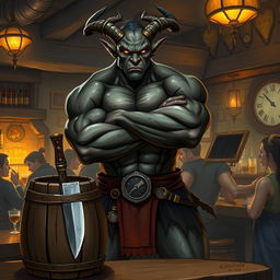 A very muscular male Tiefling with dark skin, standing confidently with his arms crossed next to a smaller, rustic barrel that has a knife stuck in it