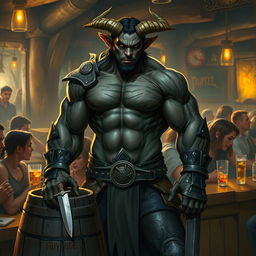 A very muscular male Tiefling with dark skin, standing confidently next to a smaller barrel with a knife embedded in it