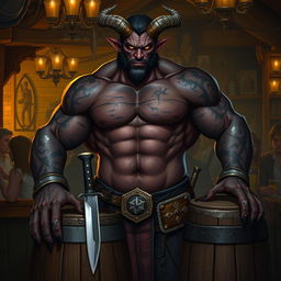 A very muscular male Tiefling with dark skin, standing confidently next to a smaller barrel with a knife embedded in it