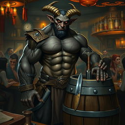 A very muscular male Tiefling with dark skin, standing confidently next to a smaller barrel with a knife embedded in it