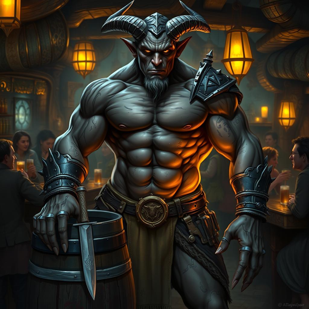 A very muscular male Tiefling with dark skin, standing confidently next to a smaller barrel with a knife embedded in it