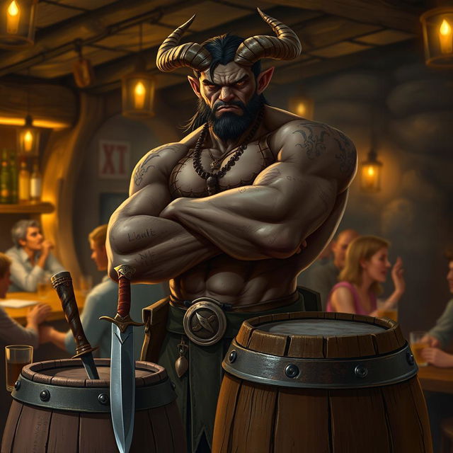 A very muscular male Tiefling with numerous scars stands confidently with his arms crossed next to a barrel that has a knife embedded in it