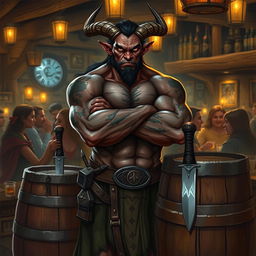 A very muscular male Tiefling with numerous scars stands confidently with his arms crossed next to a barrel that has a knife embedded in it