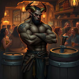 A very muscular male Tiefling with numerous scars stands confidently with his arms crossed next to a barrel that has a knife embedded in it