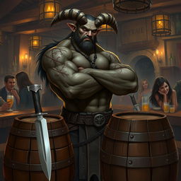 A very muscular male Tiefling with numerous scars stands confidently with his arms crossed next to a barrel that has a knife embedded in it