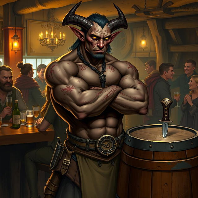 A very muscular male Tiefling with numerous scars stands confidently with his arms crossed next to a barrel that features a small knife embedded in it