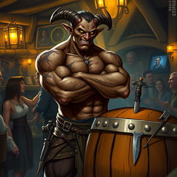 A very muscular male Tiefling with numerous scars stands confidently with his arms crossed next to a barrel that features a small knife embedded in it