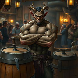 A very muscular male Tiefling with numerous scars stands confidently with his arms crossed next to a barrel that features a small knife embedded in it