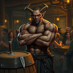 A very muscular male Tiefling with numerous scars stands confidently with his arms crossed next to a barrel that features a small knife embedded in it