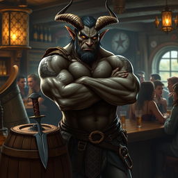 A very muscular male Tiefling with numerous scars stands confidently with his arms crossed next to a barrel that has a dagger embedded in it