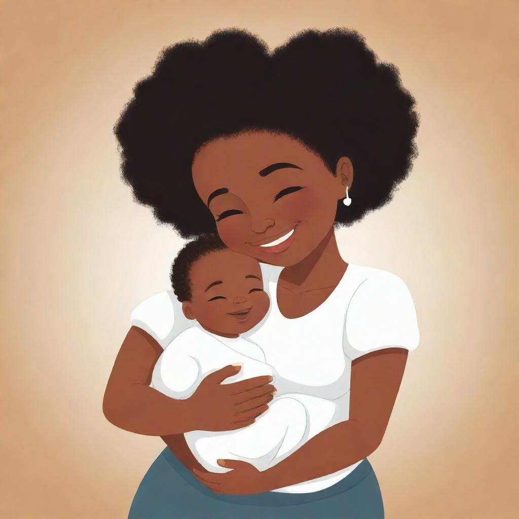 A cartoon illustration of a loving black mother holding a white baby, both smiling warmly. The style is friendly and endearing, radiating warmth and familial love.