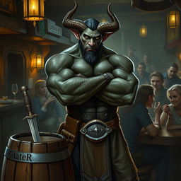 A very muscular male Tiefling with numerous scars stands confidently with his arms crossed next to a barrel that has a dagger embedded in it