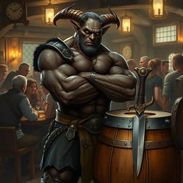 A very muscular male Tiefling with numerous scars stands confidently with his arms crossed next to a barrel that has a dagger embedded in it