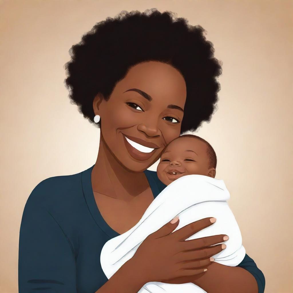 A cartoon illustration of a loving black mother holding a white baby, both smiling warmly. The style is friendly and endearing, radiating warmth and familial love.